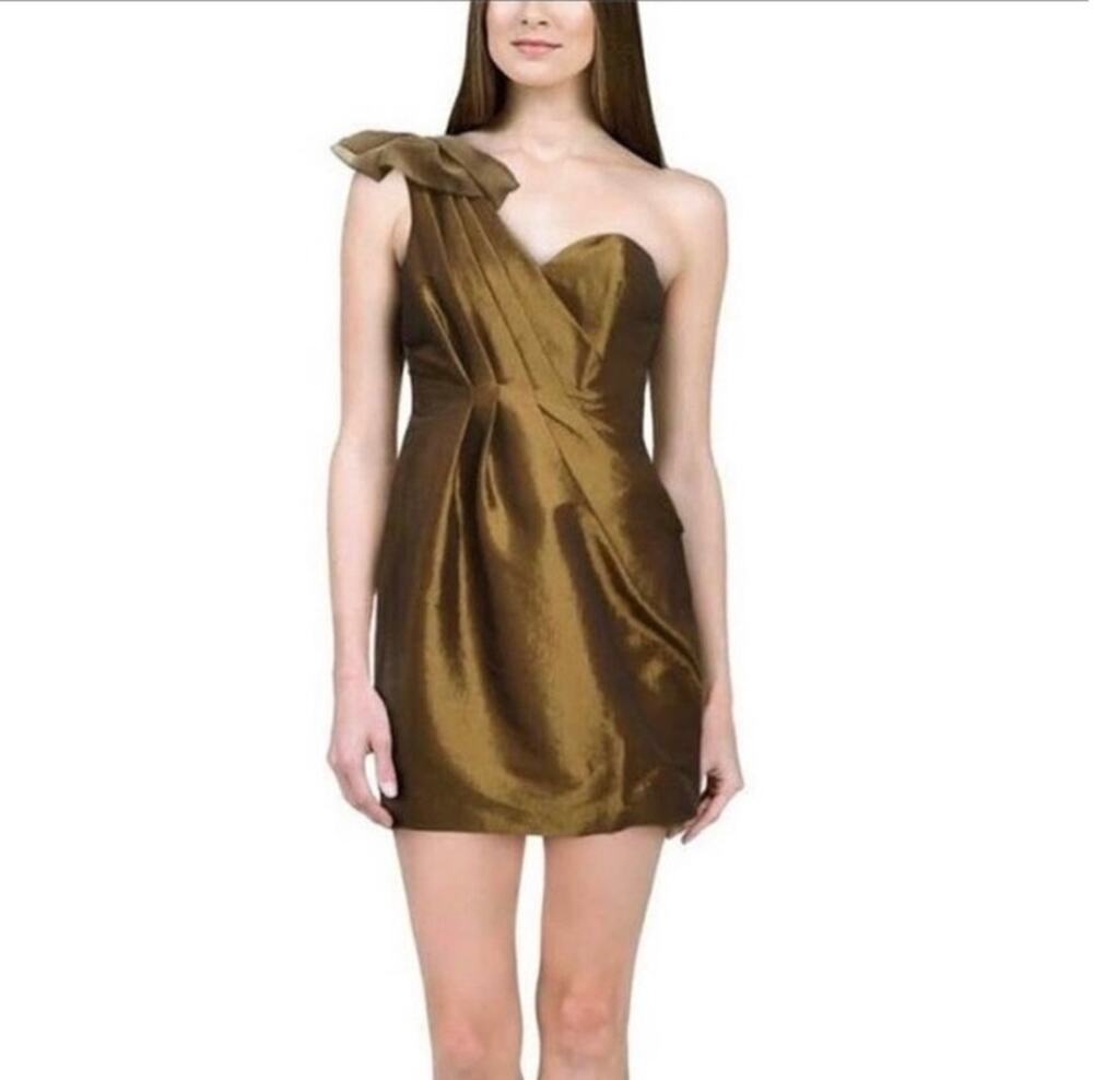 Ali Ro Bronze One Shoulder Ruched Cocktail Mini Dress Women's Size 4 NWT